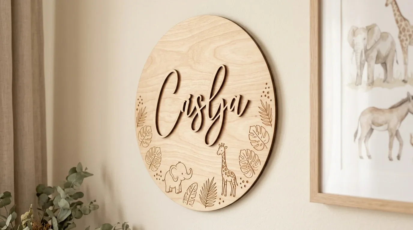 Natural wooden personalized-style nursery name sign with safari animal details.