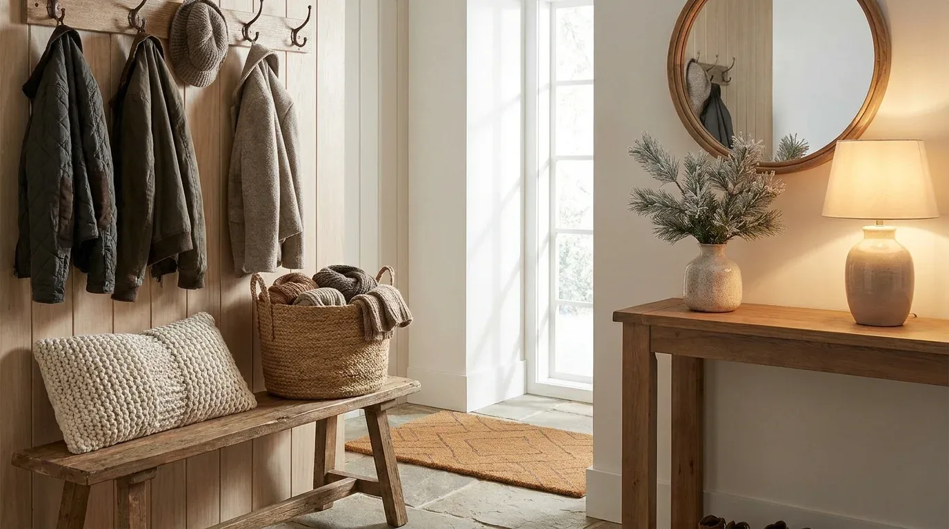 Winter entryway with a wooden bench, woven scarf basket, evergreen branches, and practical storage.