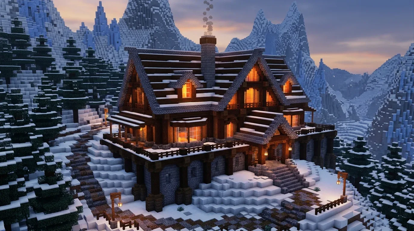Grand Minecraft alpine winter lodge with timber framing, steep roof, balconies, chimney, and snowy mountain scenery.