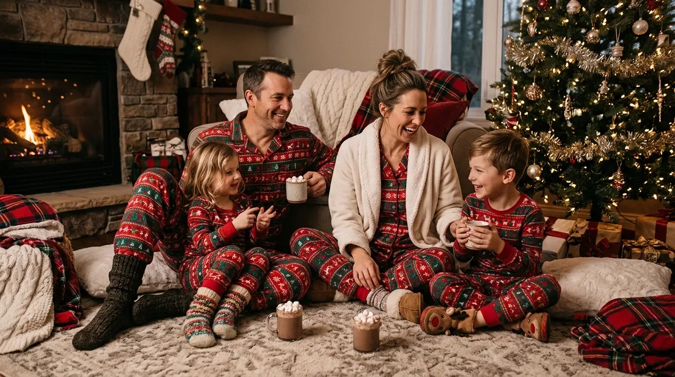 Family wearing matching festive winter pajamas with fluffy slippers in a cozy living room.