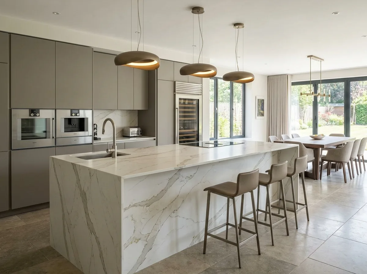 Open kitchen with decorative pendant lights above an island and coordinated contemporary finishes.