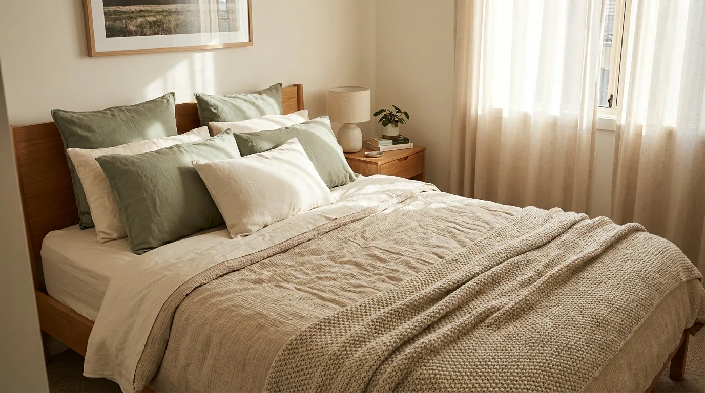 Tall shelving and wall-mounted storage making efficient use of vertical space in a small bedroom.