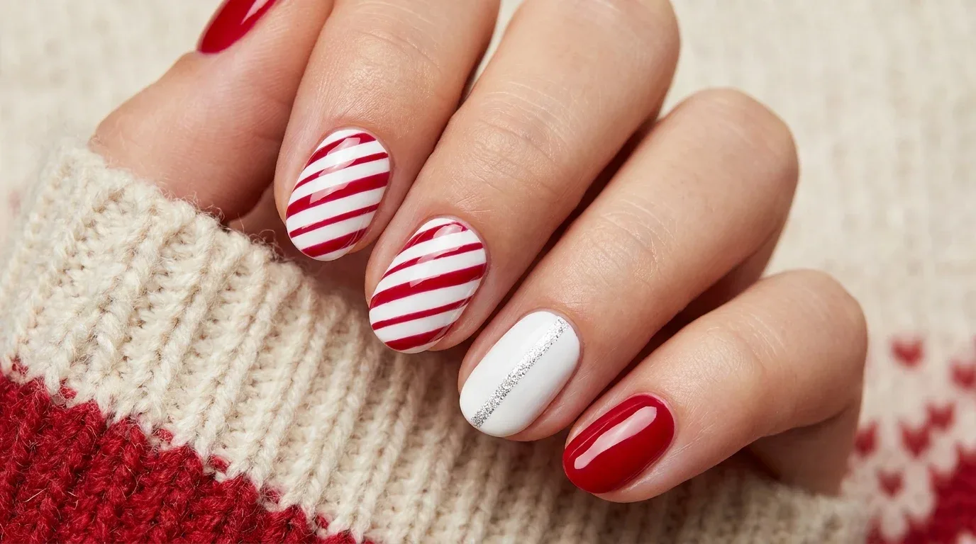 White winter nails with crisp diagonal red candy-cane stripes and glossy red accents.