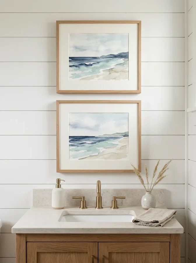 Muted ocean-inspired watercolor artwork displayed above a natural wood bathroom vanity.