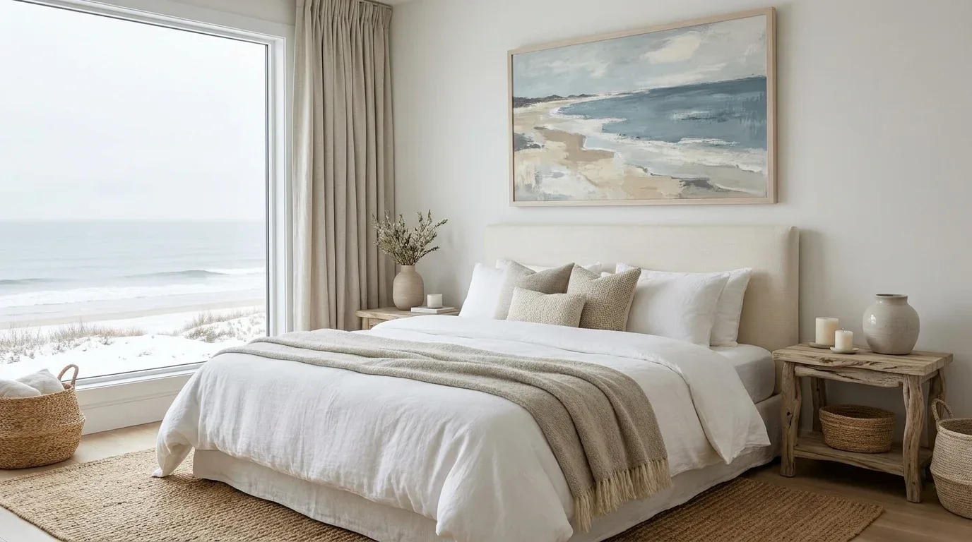 Muted ocean-inspired artwork in soft blue and sandy tones above a coastal bedroom bed.