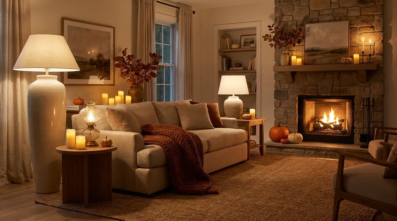 Cozy autumn living room glowing with warm lamps, soft blankets, and gentle ambient lighting.