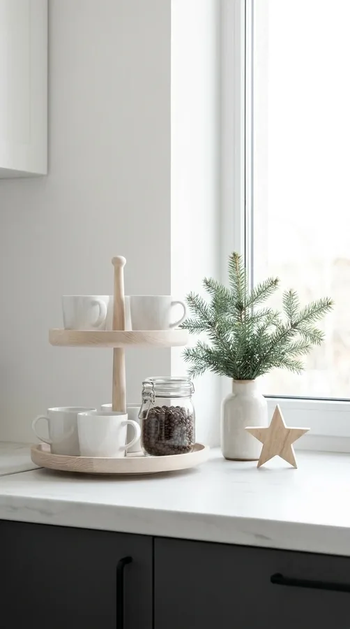 Scandinavian winter coffee tray with white mugs, pale wood, and a simple evergreen branch.