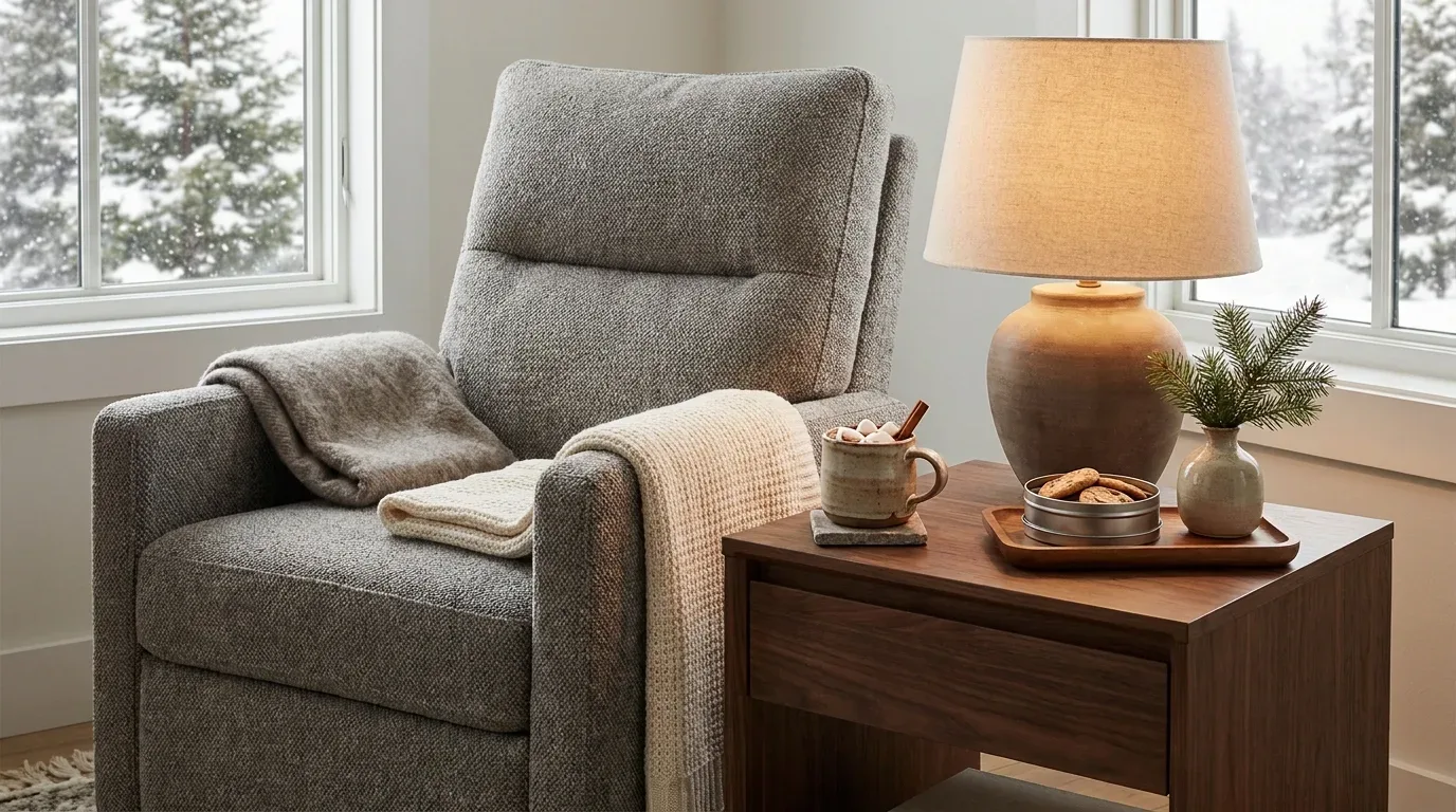 Cozy winter beverage station with hot cocoa on a side table beside a swivel rocker.