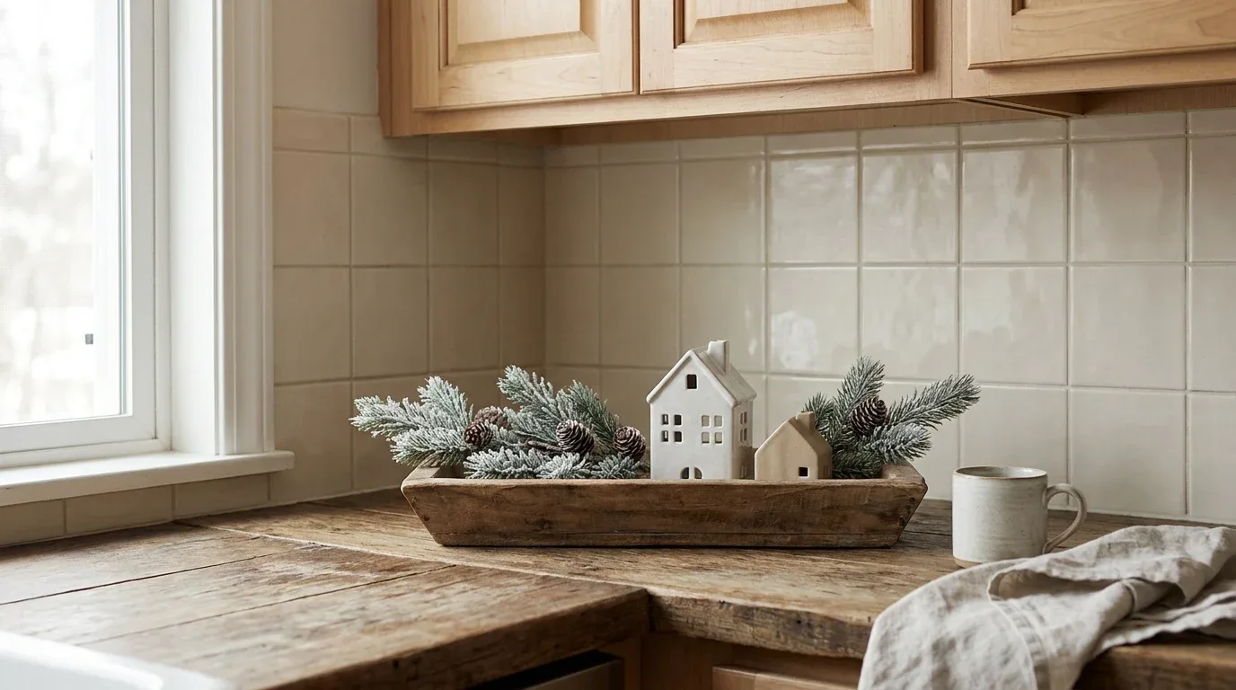 Small white ceramic winter houses arranged with greenery on a kitchen counter