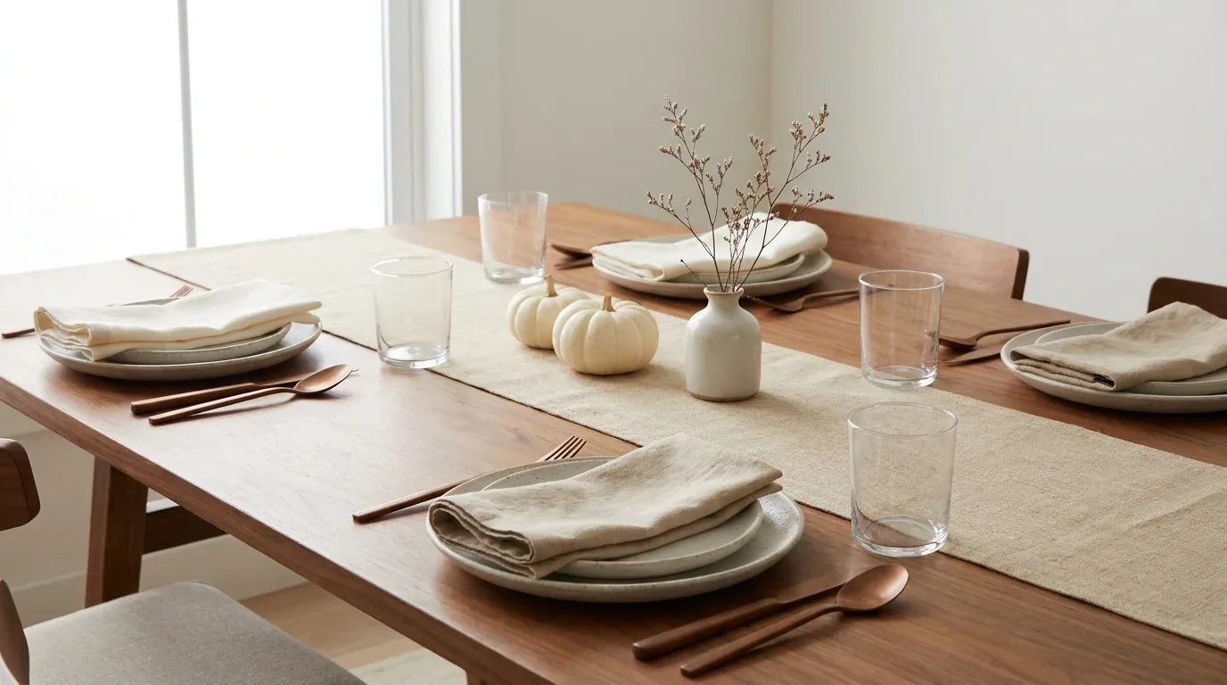 Minimalist Thanksgiving table with ivory linens, white pumpkins, simple ceramics, and natural wood.