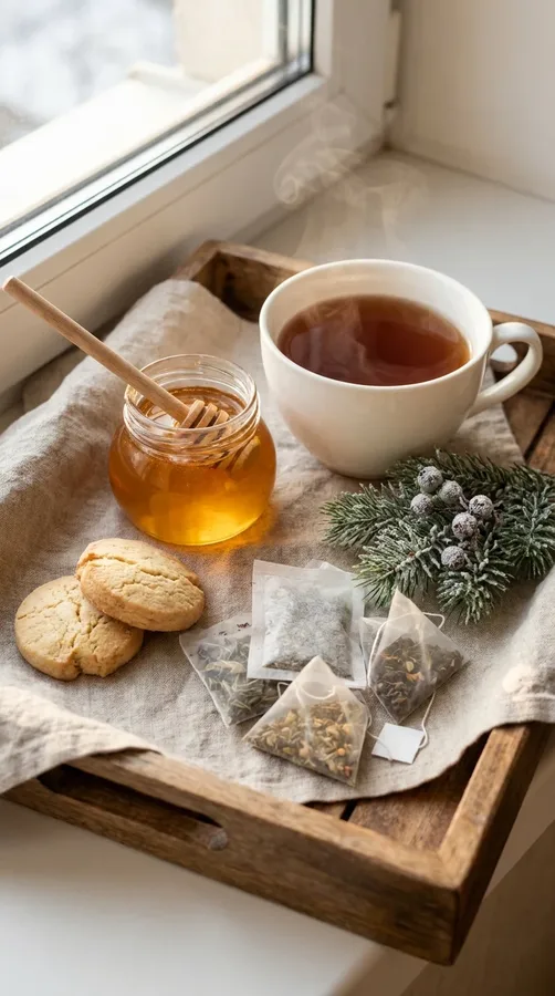 A gourmet tea sampler with honey, biscuits, and a warm cup of tea for a cozy holiday gift.