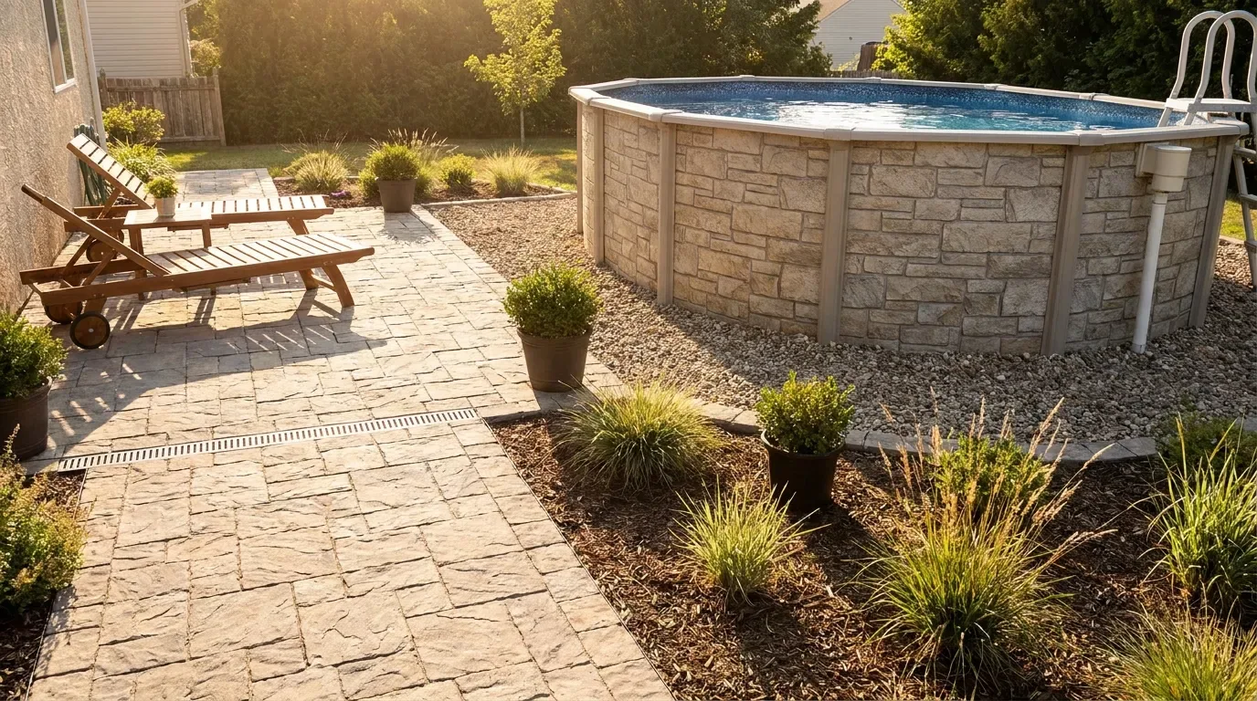 Above-ground pool with a stone-look surround and coordinated neutral patio paving.