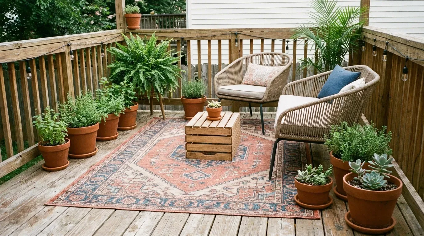 Backyard deck divided into separate dining and lounging zones