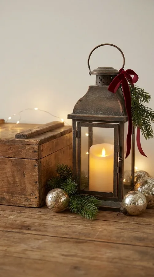 Vintage bronze Christmas lantern with a glowing candle, velvet ribbon, and nostalgic holiday accents.