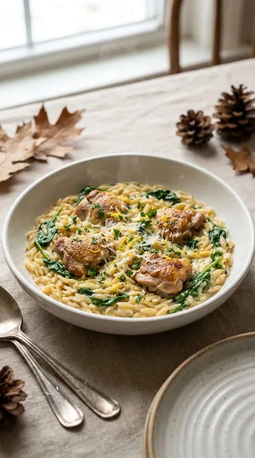 Creamy lemon chicken orzo with spinach, Parmesan, fresh lemon zest, and parsley.