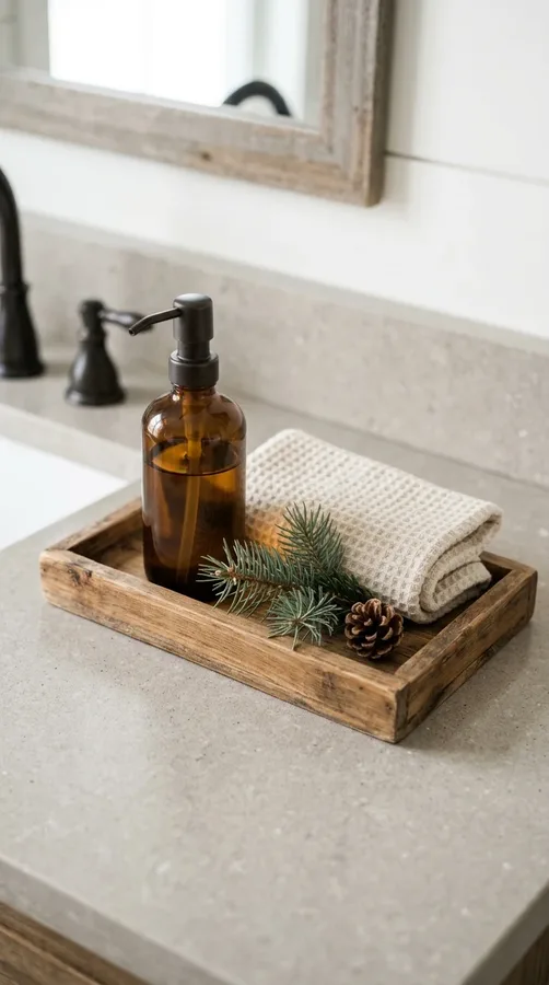 Bathroom shelves decorated with ceramic Christmas trees, miniature houses, and folded towels.