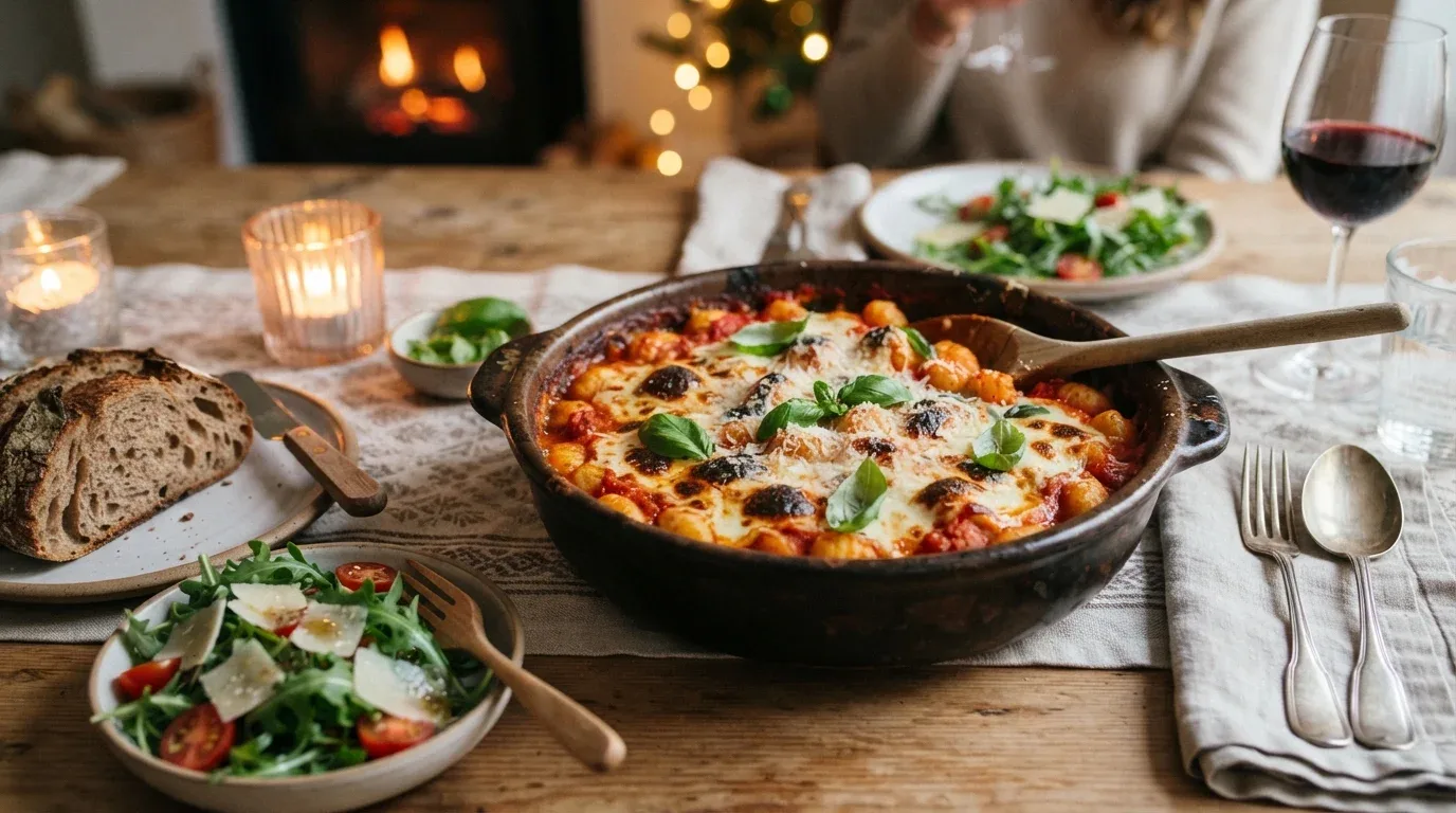 Baked gnocchi with tomato sauce, melted mozzarella, and fresh basil.