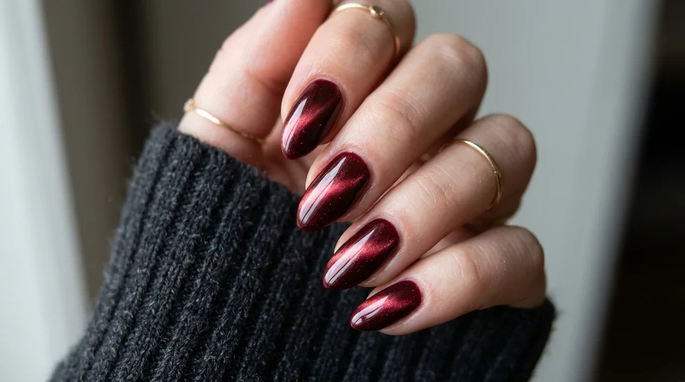 Deep ruby red velvet cat-eye nails with a luminous magnetic finish for Valentine's Day.