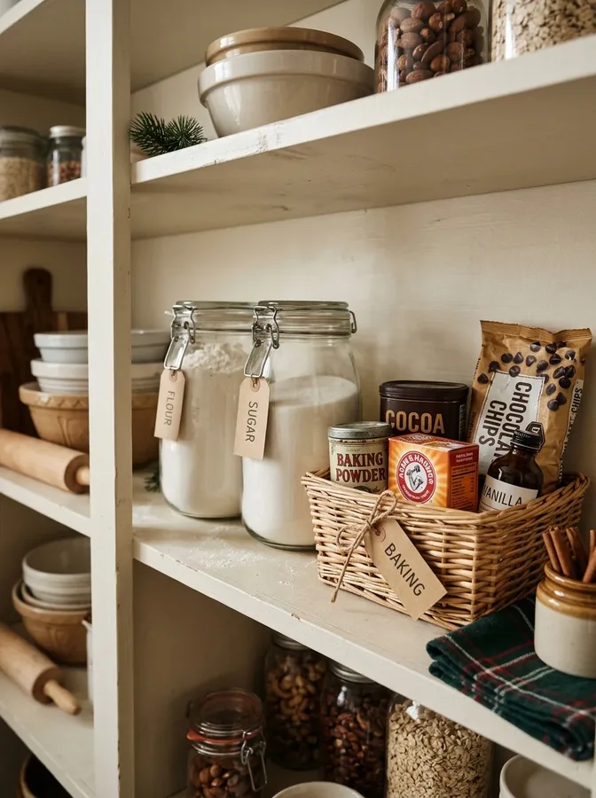 A dedicated pantry baking zone keeps flour, sugar, cocoa, and baking essentials together.