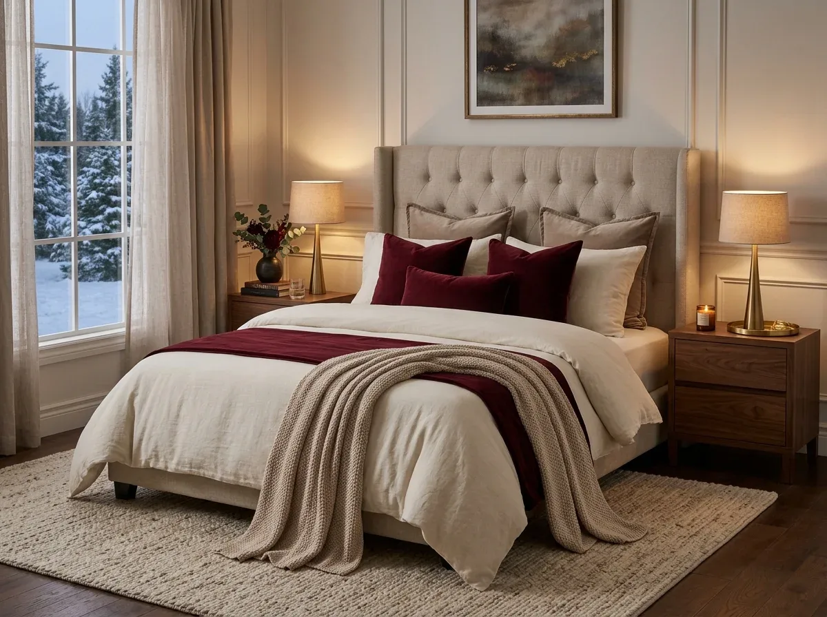 Luxurious winter bedroom with burgundy velvet pillows, a matching bed runner, and cream bedding.