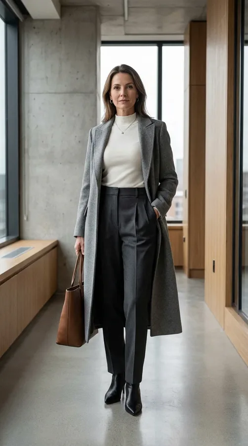 Charcoal pleated trousers and an ivory mock-neck top create a polished winter work outfit.