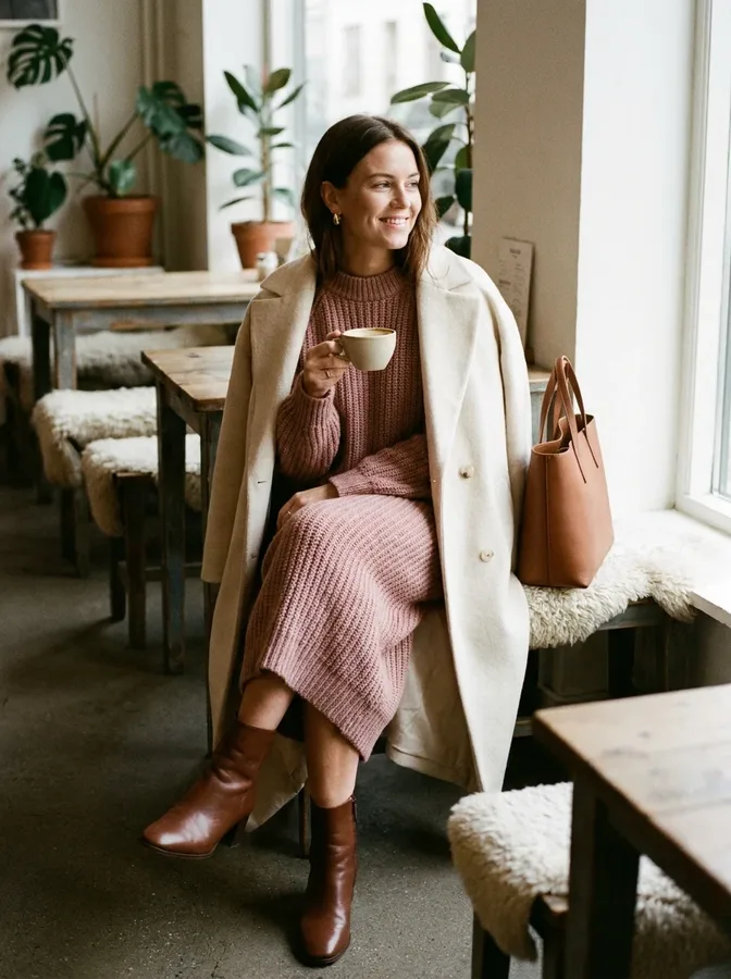 Monochromatic pink winter outfit with rose trousers, a blush sweater, and a pink wool coat.