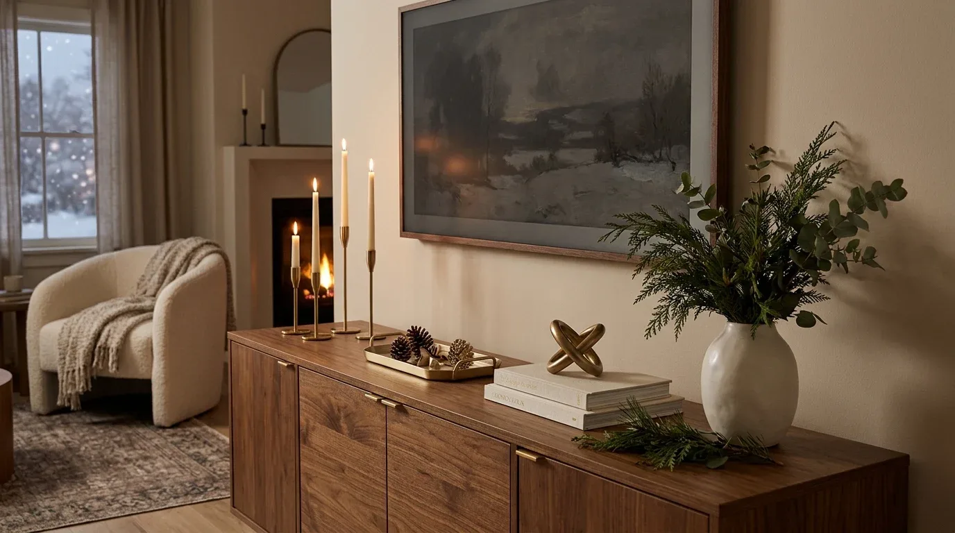 Elegant TV stand decorated with brushed brass accents, ivory accessories, and winter greenery.