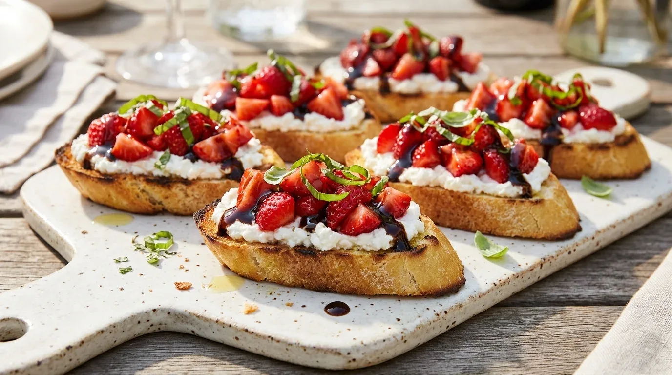 Toasted strawberry bruschetta topped with basil, balsamic glaze, and creamy ricotta.