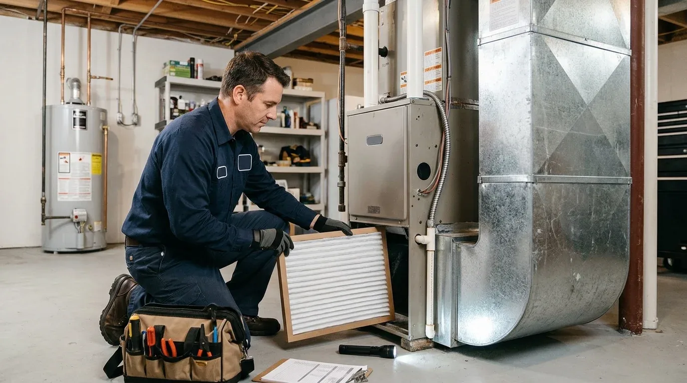 A technician checks a residential heating system and air filter before winter.