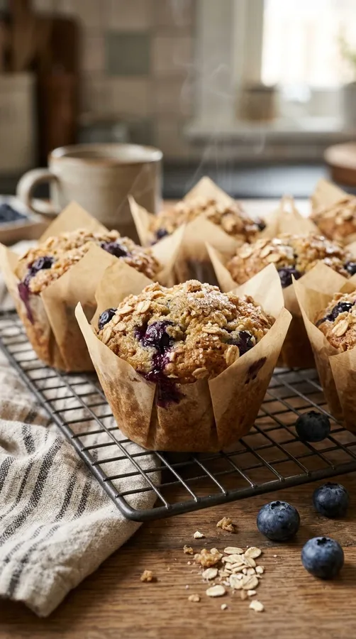 Golden homemade blueberry oat muffins prepared for quick weekday breakfasts.