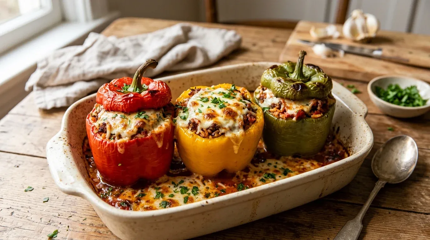 Colorful bell peppers stuffed with seasoned ground beef, rice, tomato sauce, and melted cheese.