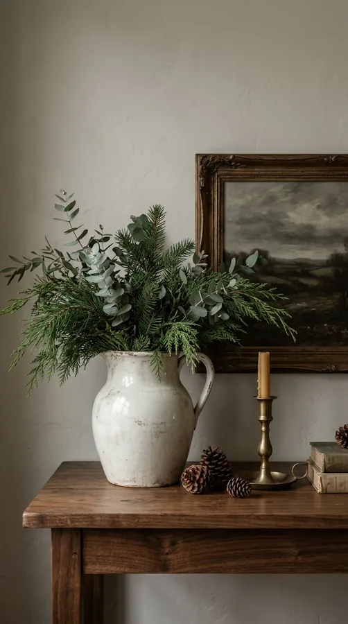 Fresh evergreen branches in a vintage ceramic pitcher bring natural winter texture indoors.