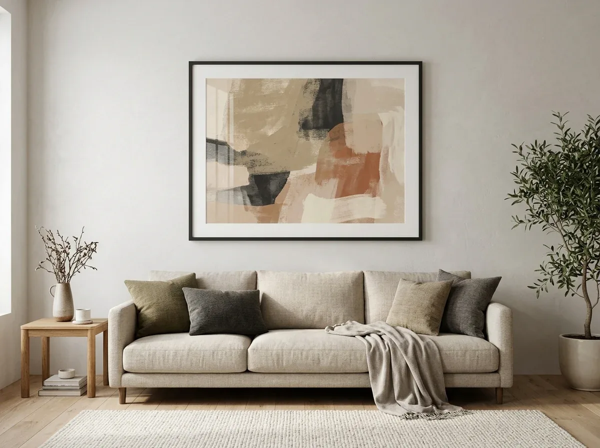 A properly scaled framed artwork hung at a balanced height above a living room sofa.