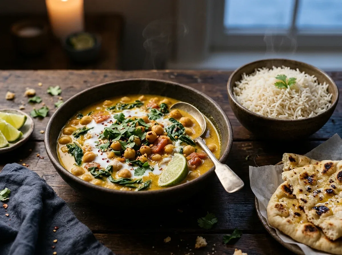 Coconut chickpea curry with spinach and tomatoes served with basmati rice and naan.