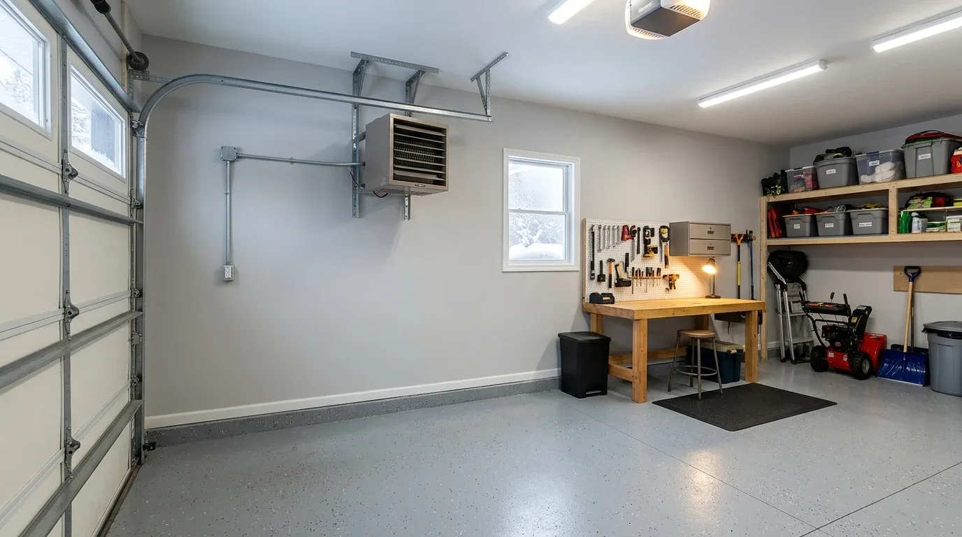 Insulated winter-ready garage with a properly positioned wall-mounted electric heater.