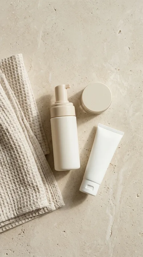 Simple skincare essentials including cleanser, moisturizer, and sunscreen arranged on a neutral surface.