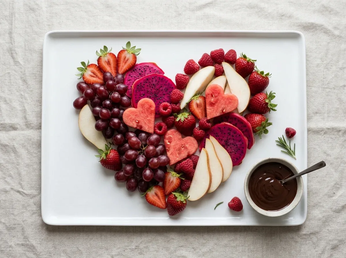 Heart-shaped fruit platter with strawberries, red grapes, raspberries, dragon fruit, pear, and chocolate dip.