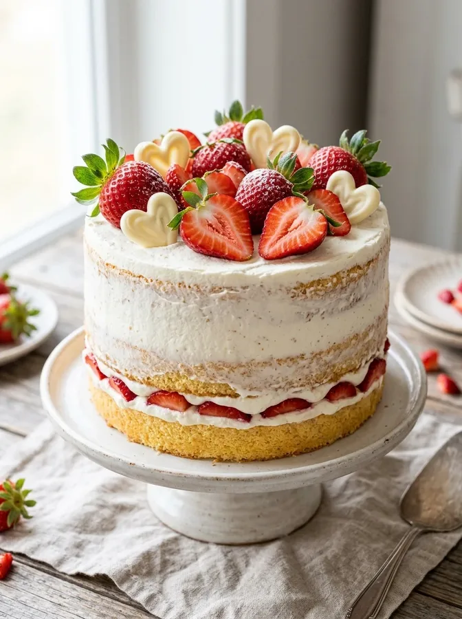 Gingerbread Valentine's cake with cream cheese frosting and heart-shaped cookies.