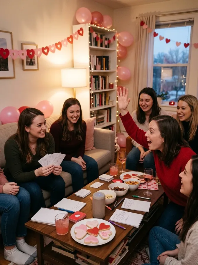 Friends guessing love songs during a lively Galentine's music game.