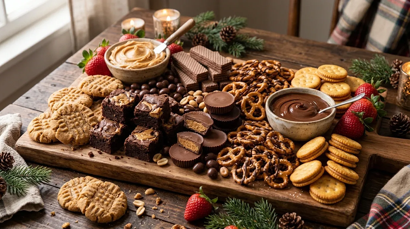 Chocolate-dipped fruit dessert board with strawberries, bananas, citrus, raspberries, and chocolate dipping sauce.