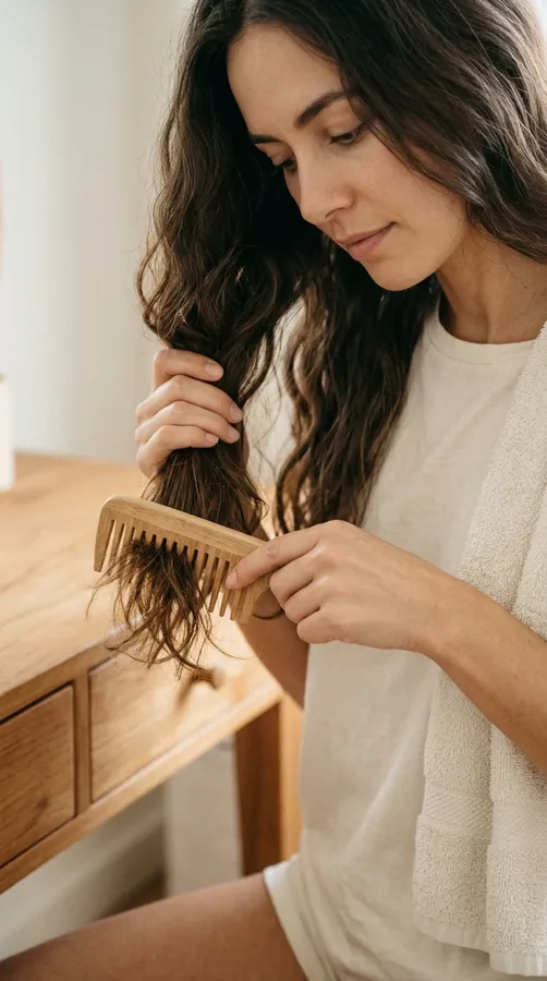Woman gently detangling long hair with a wide-tooth comb to reduce winter breakage.