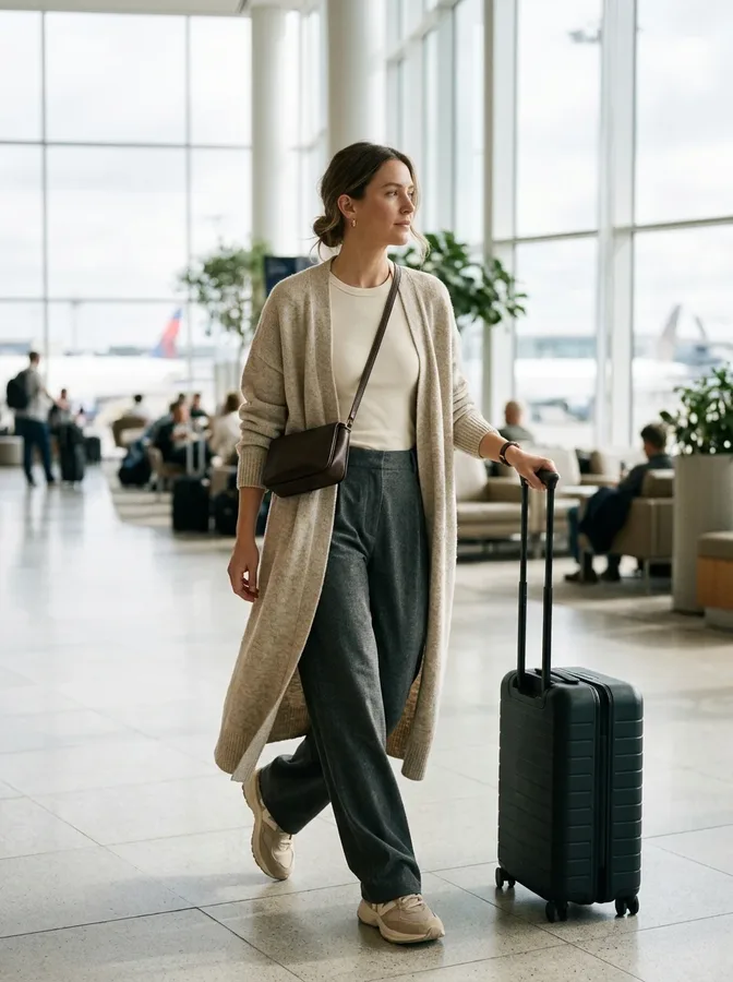 Long oatmeal cardigan, fitted top, and relaxed trousers create a cozy layered airport outfit.