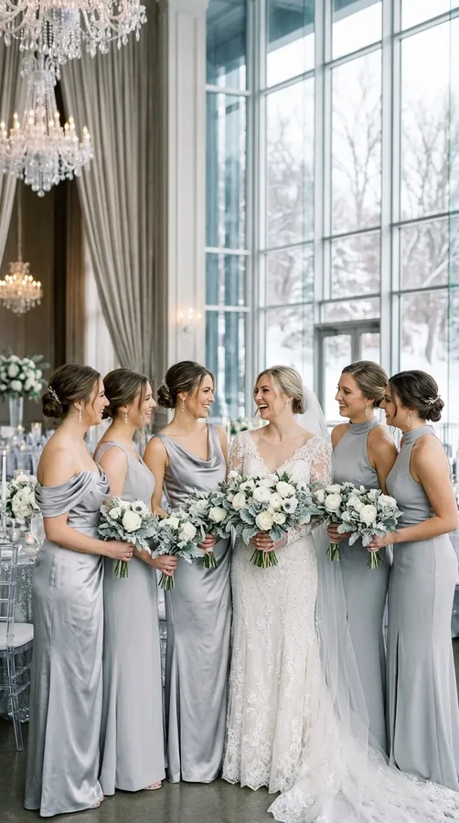 Silver gray bridesmaid dresses with white flowers and sparkling winter wedding accents.