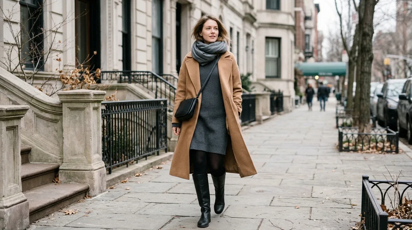 Charcoal sweater dress styled with flat knee-high boots, thermal tights, and a camel coat.