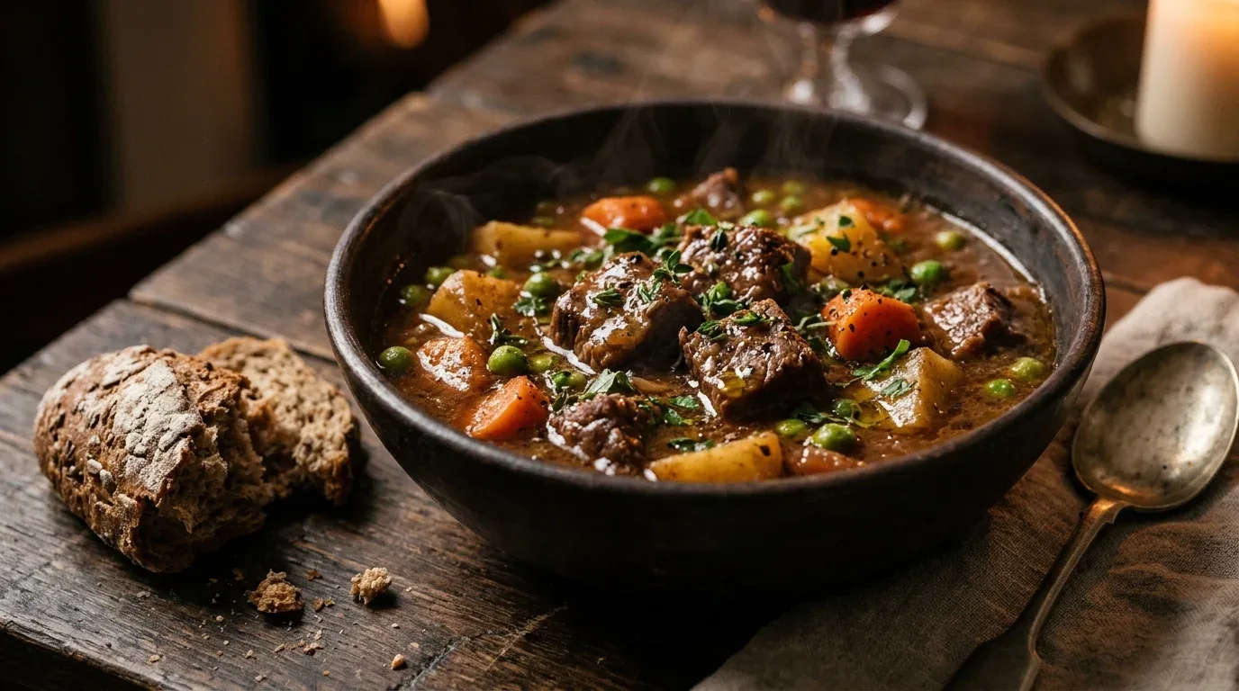 Hearty winter beef stew with potatoes, carrots, peas, and tender beef.