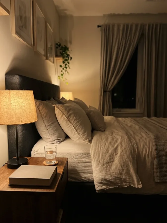 Calm bedroom environment designed to support a consistent sleep routine.
