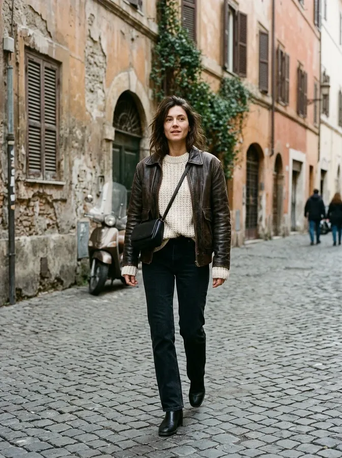 Dark leather jacket, chunky cream sweater, dark jeans, and ankle boots for casual Italian winter style.