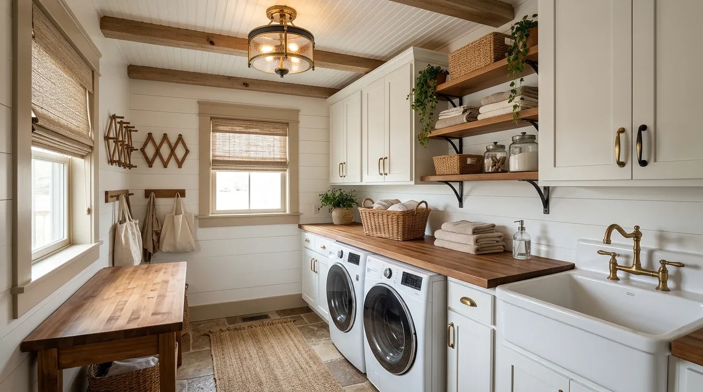 Vintage-inspired lighting in a bright farmhouse laundry room with white cabinets and wood accents.