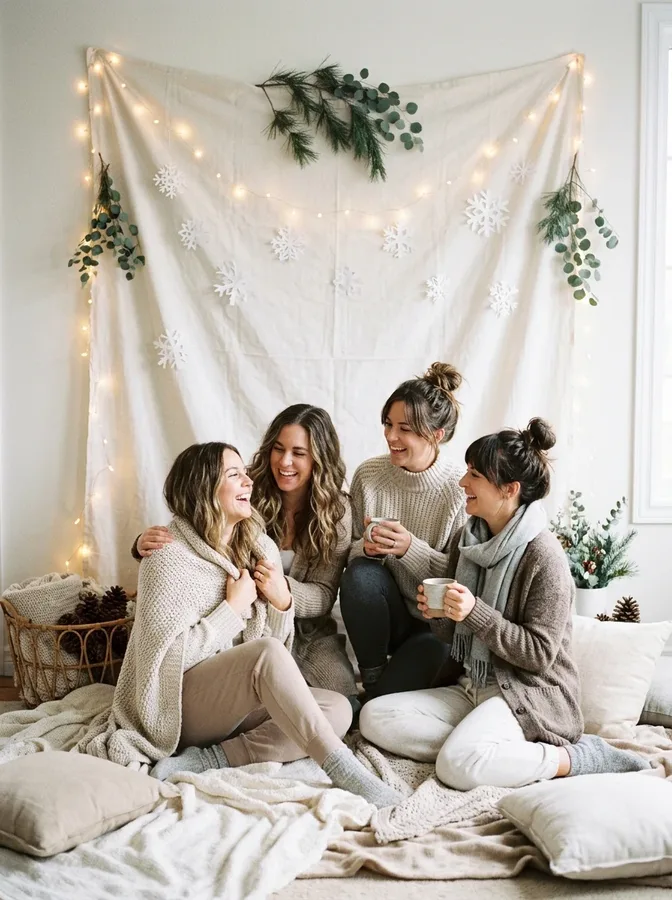 Friends posing for a winter photoshoot with fairy lights, cozy outfits, and a simple home backdrop.