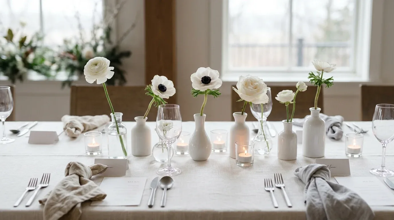 Minimalist winter wedding centerpiece with individual white blooms in small bud vases.